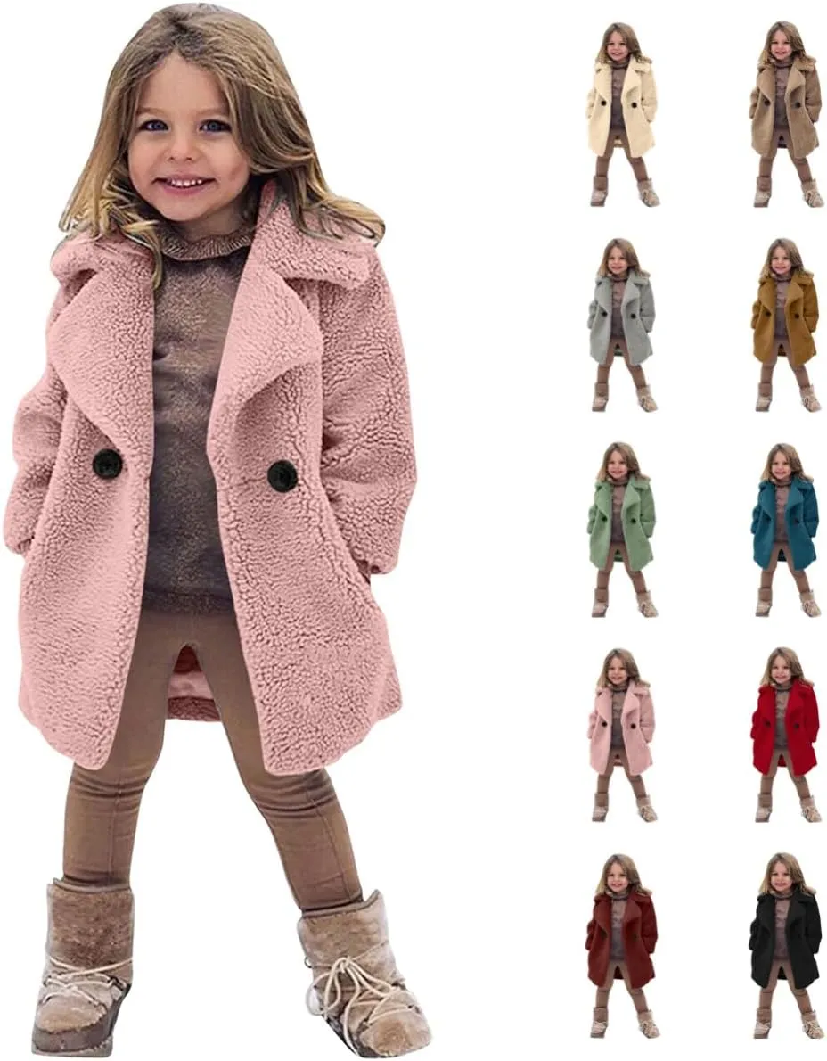 Baby Girls Faux Fur Teddy Long Coat Tollder Kids Winter Fleece Jacket Warm Outwear Clothes
