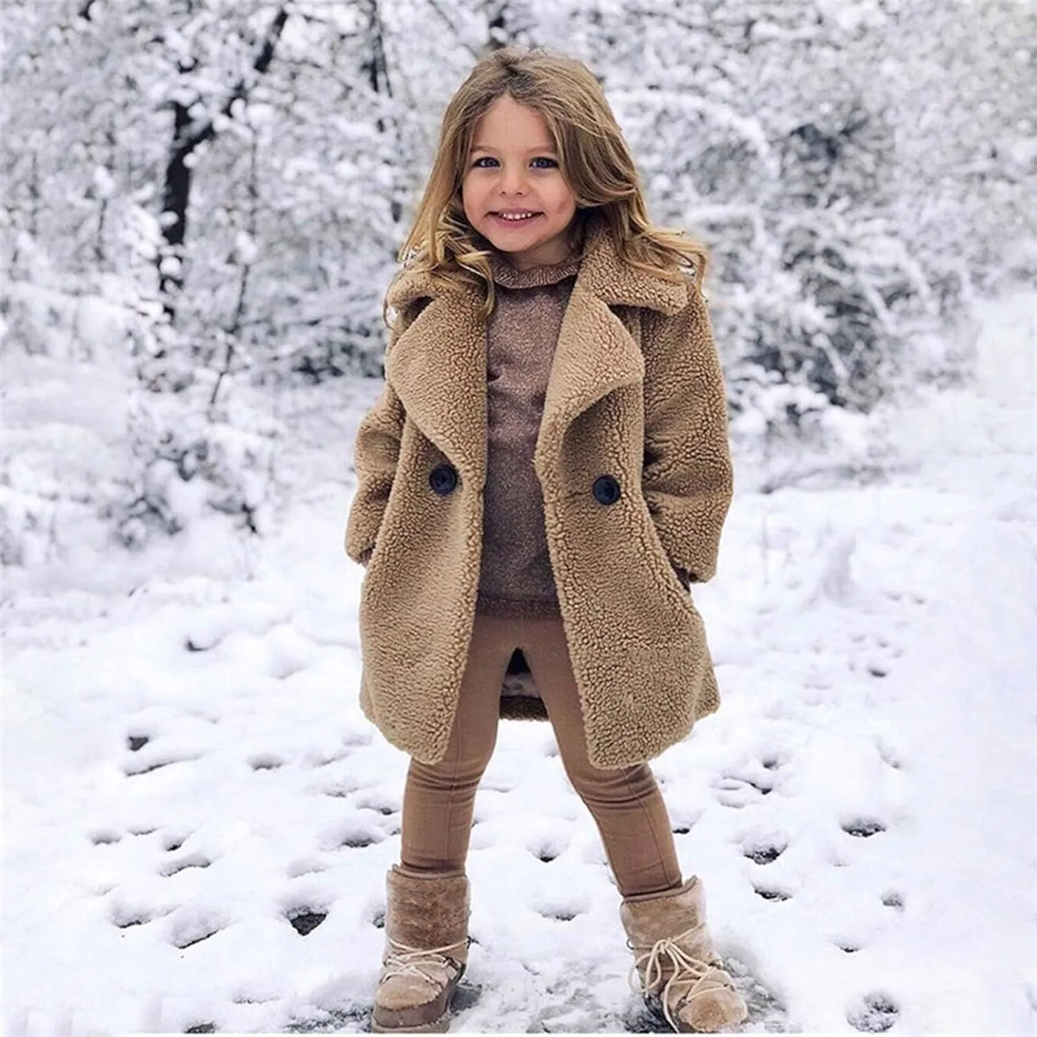 Baby Girls Faux Fur Teddy Long Coat Tollder Kids Winter Fleece Jacket Warm Outwear Clothes