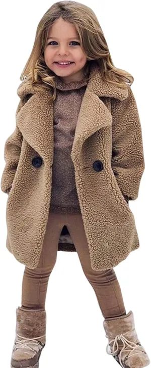 Baby Girls Faux Fur Teddy Long Coat Tollder Kids Winter Fleece Jacket Warm Outwear Clothes