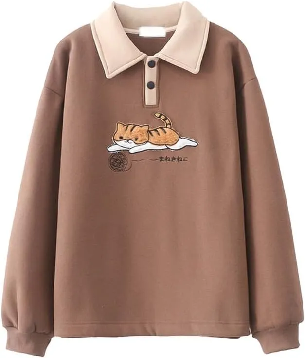 BAIMORE Teen Girls Kawaii Japanese Fleece Lapel Yarn Ball Cat Embroidery Long Sleeve Sweatshirt