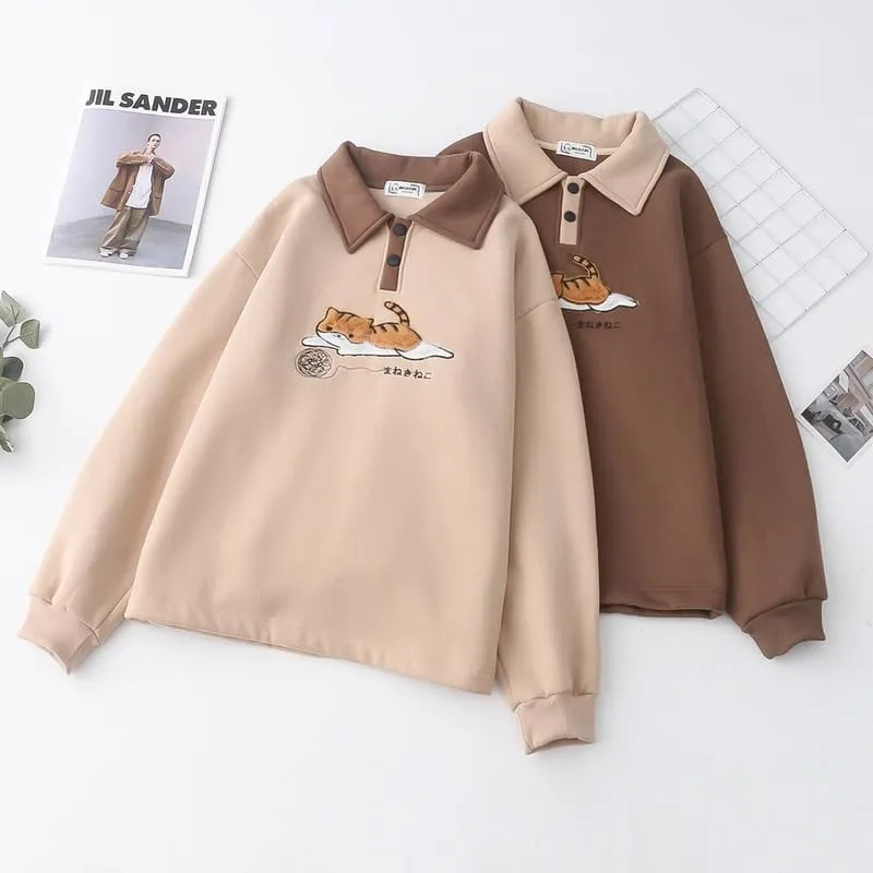 BAIMORE Teen Girls Kawaii Japanese Fleece Lapel Yarn Ball Cat Embroidery Long Sleeve Sweatshirt