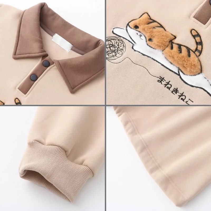 BAIMORE Teen Girls Kawaii Japanese Fleece Lapel Yarn Ball Cat Embroidery Long Sleeve Sweatshirt