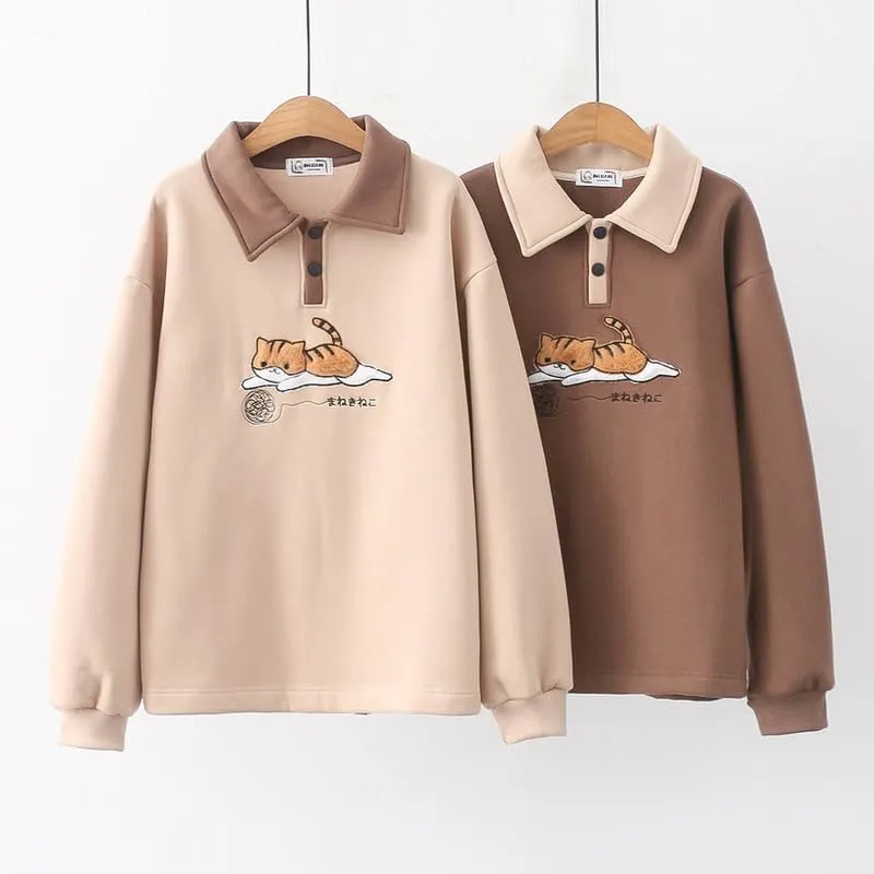 BAIMORE Teen Girls Kawaii Japanese Fleece Lapel Yarn Ball Cat Embroidery Long Sleeve Sweatshirt