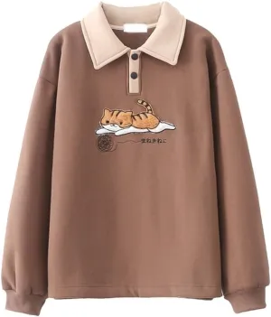 BAIMORE Teen Girls Kawaii Japanese Fleece Lapel Yarn Ball Cat Embroidery Long Sleeve Sweatshirt