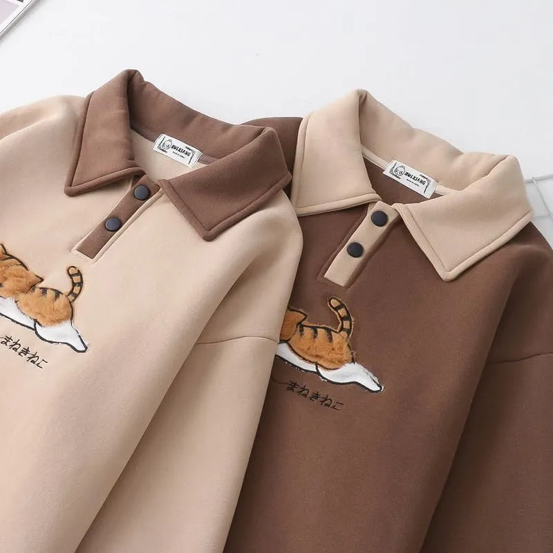 BAIMORE Teen Girls Kawaii Japanese Fleece Lapel Yarn Ball Cat Embroidery Long Sleeve Sweatshirt