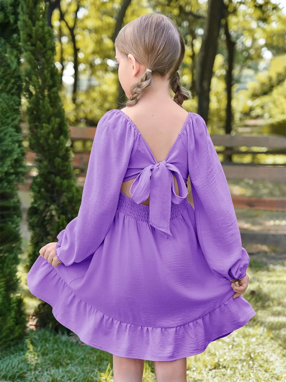 Batermoon Girls Long Sleeve Tie Back Dress Kids Fall Square Neck A-Line Mini Dresses 5-14 Years