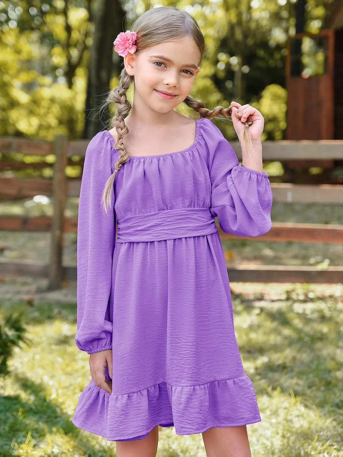 Batermoon Girls Long Sleeve Tie Back Dress Kids Fall Square Neck A-Line Mini Dresses 5-14 Years