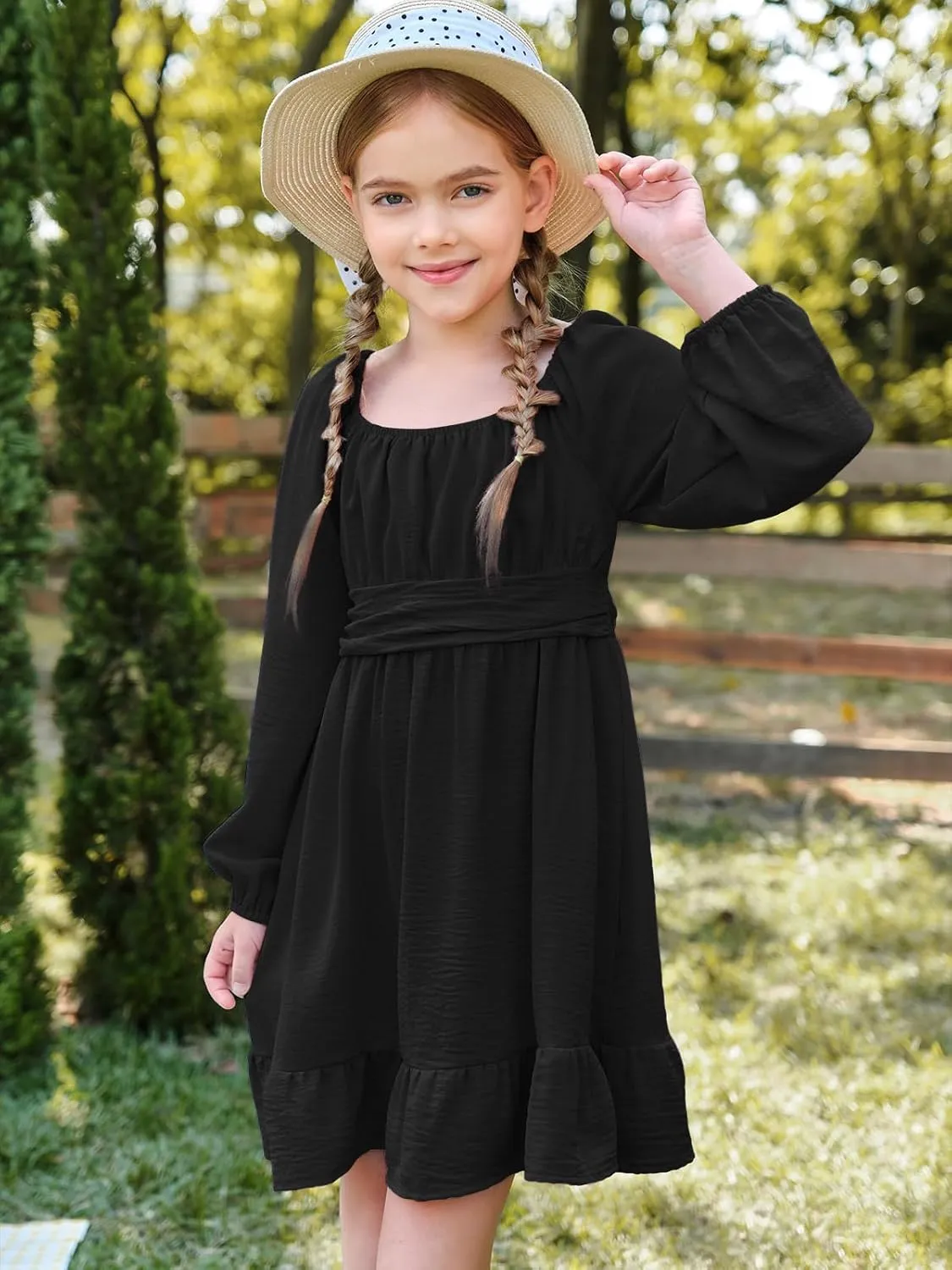 Batermoon Girls Long Sleeve Tie Back Dress Kids Fall Square Neck A-Line Mini Dresses 5-14 Years