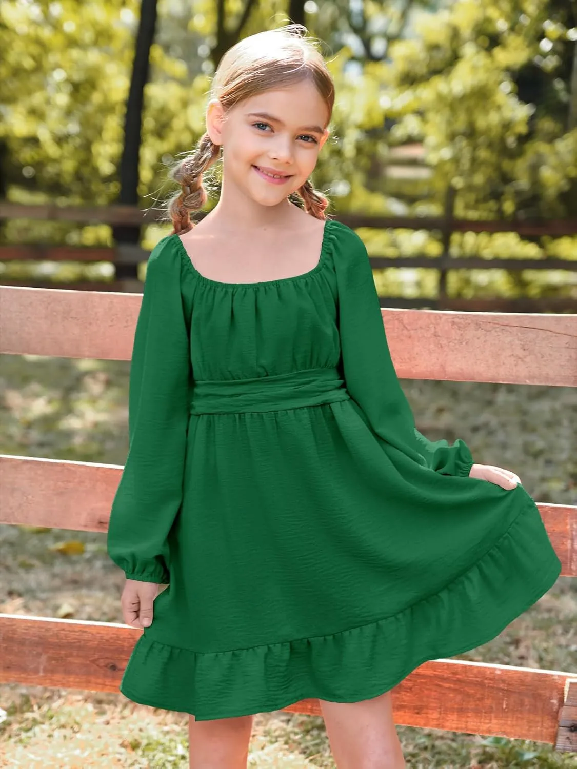 Batermoon Girls Long Sleeve Tie Back Dress Kids Fall Square Neck A-Line Mini Dresses 5-14 Years