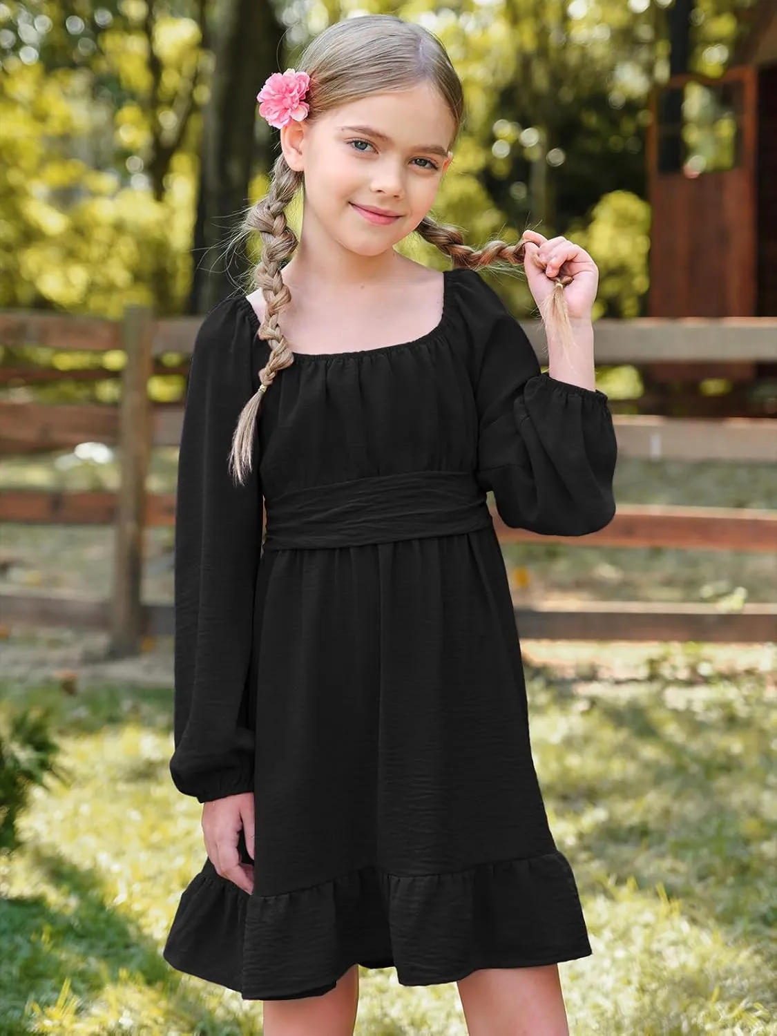 Batermoon Girls Long Sleeve Tie Back Dress Kids Fall Square Neck A-Line Mini Dresses 5-14 Years