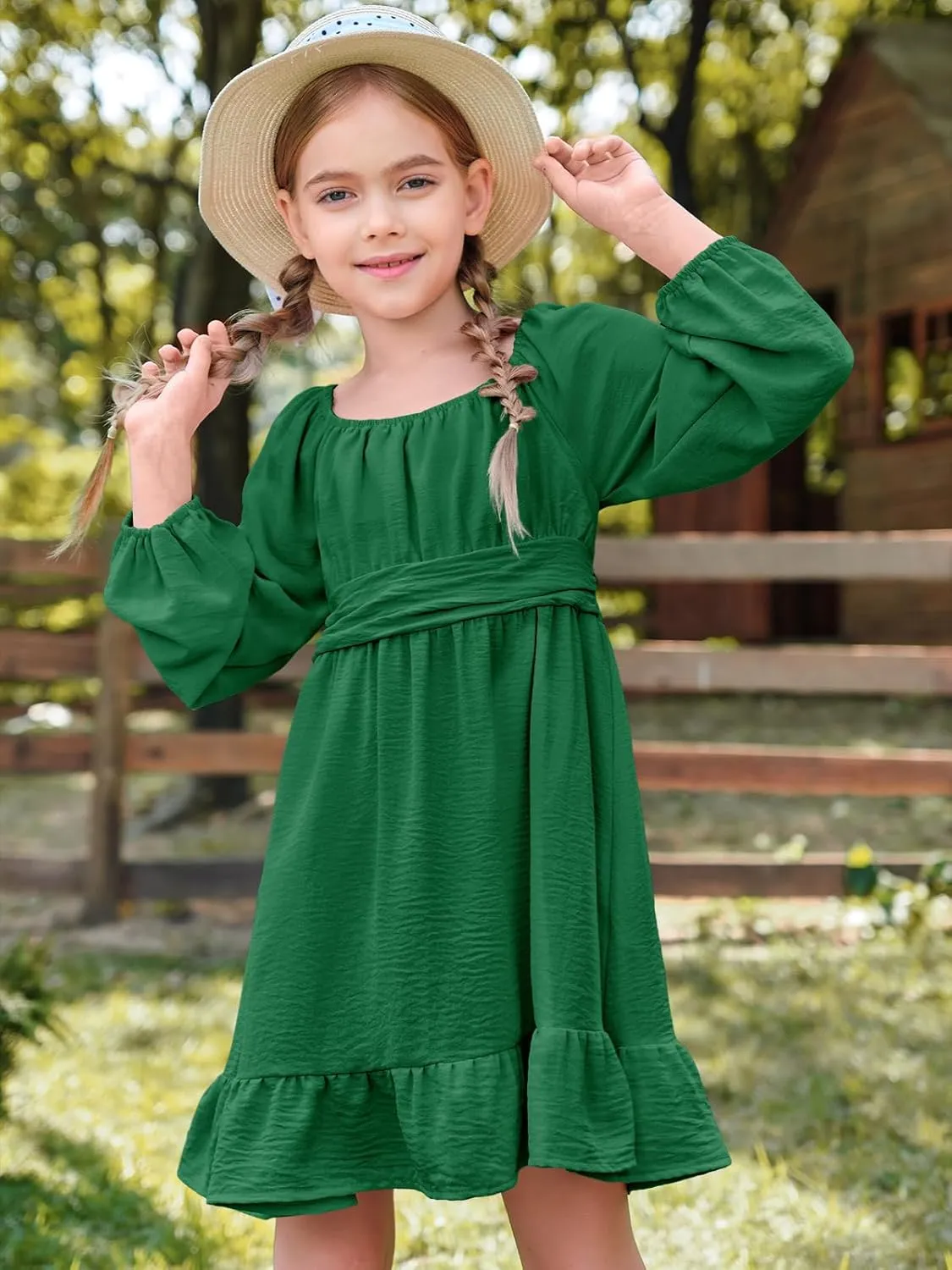 Batermoon Girls Long Sleeve Tie Back Dress Kids Fall Square Neck A-Line Mini Dresses 5-14 Years