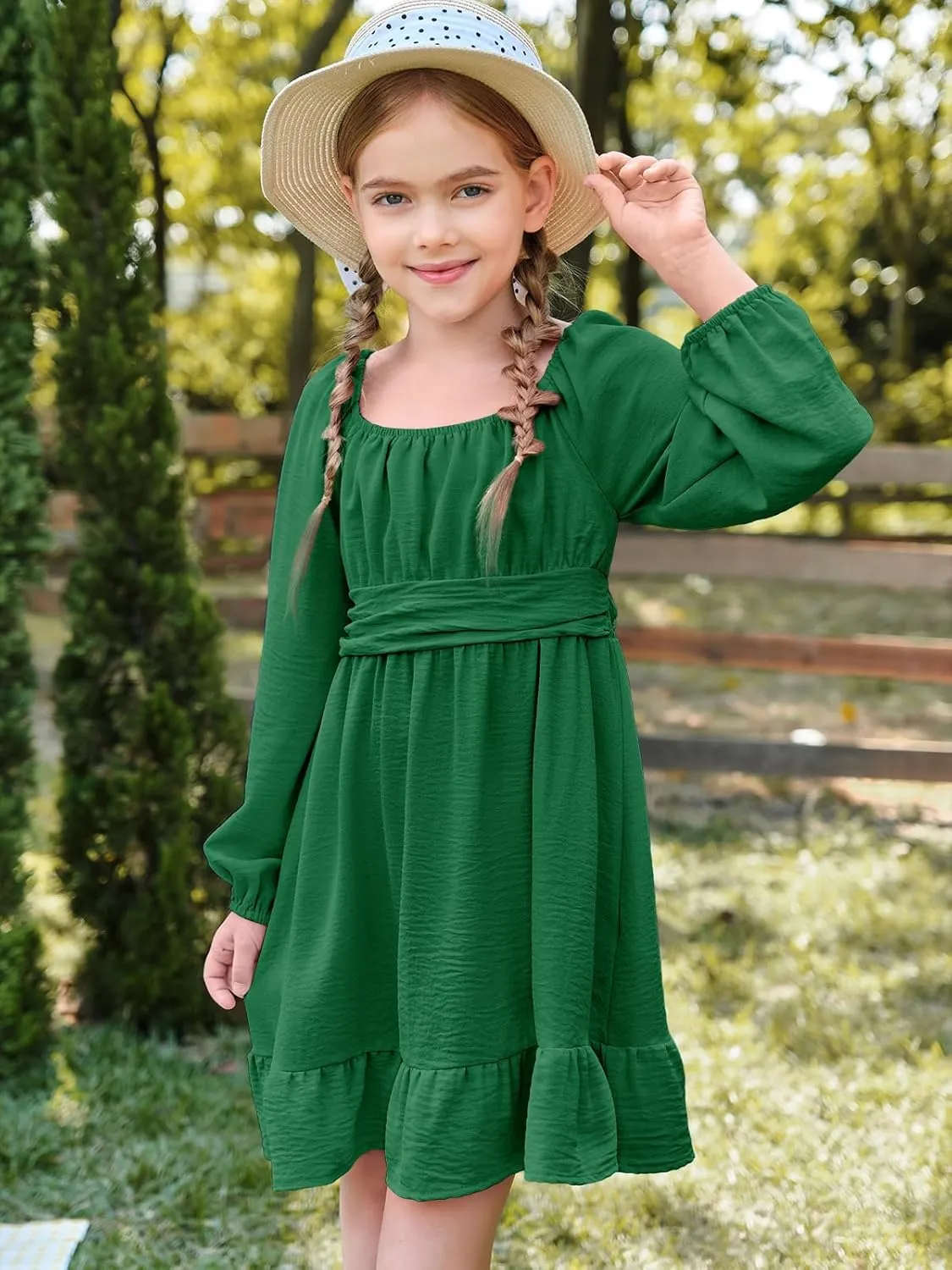Batermoon Girls Long Sleeve Tie Back Dress Kids Fall Square Neck A-Line Mini Dresses 5-14 Years
