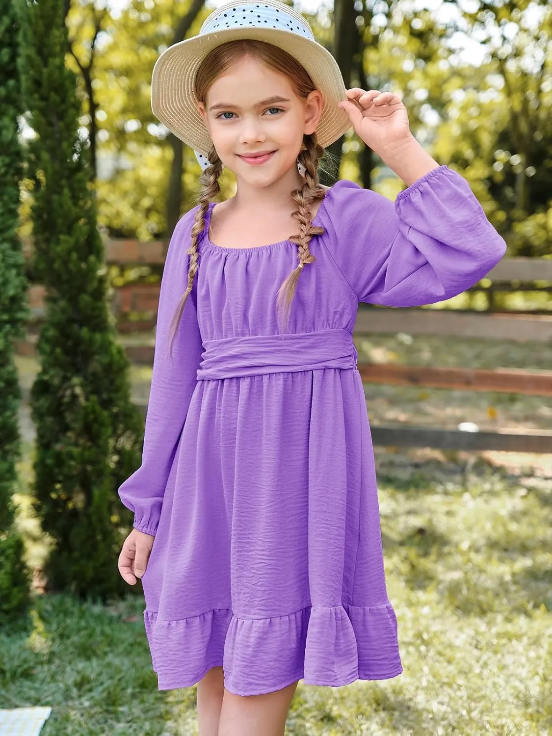 Batermoon Girls Long Sleeve Tie Back Dress Kids Fall Square Neck A-Line Mini Dresses 5-14 Years