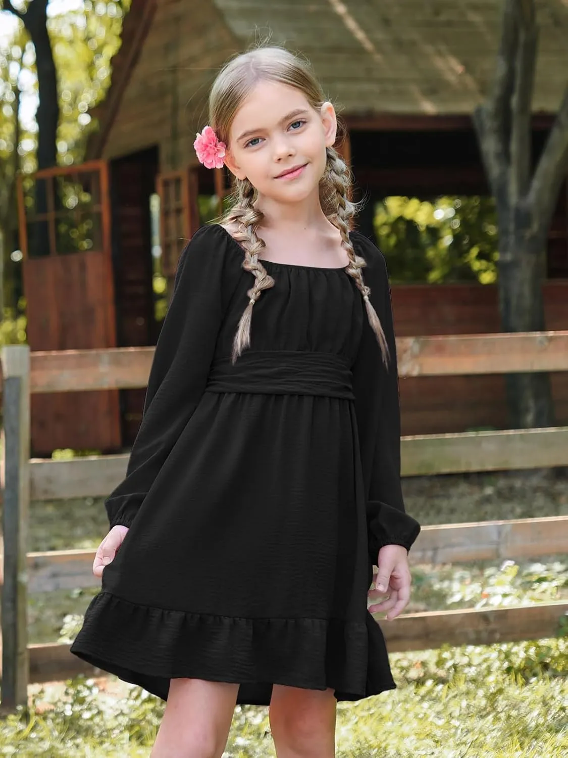 Batermoon Girls Long Sleeve Tie Back Dress Kids Fall Square Neck A-Line Mini Dresses 5-14 Years