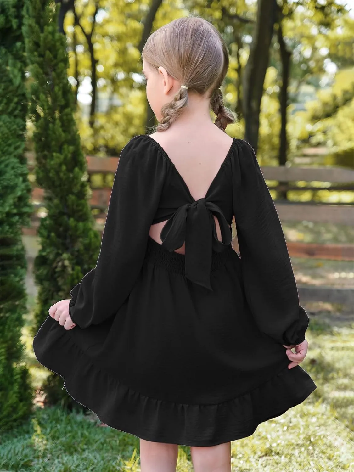 Batermoon Girls Long Sleeve Tie Back Dress Kids Fall Square Neck A-Line Mini Dresses 5-14 Years
