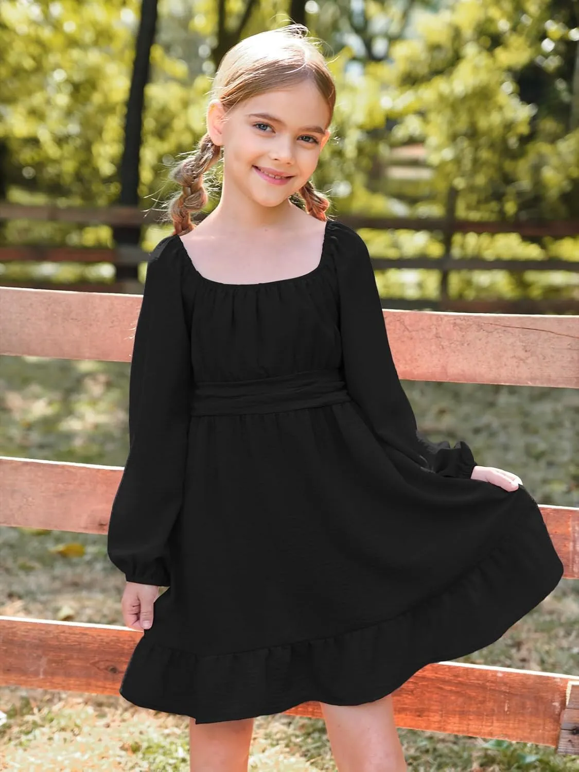 Batermoon Girls Long Sleeve Tie Back Dress Kids Fall Square Neck A-Line Mini Dresses 5-14 Years