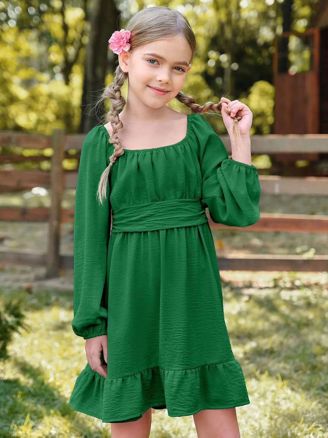 Batermoon Girls Long Sleeve Tie Back Dress Kids Fall Square Neck A-Line Mini Dresses 5-14 Years