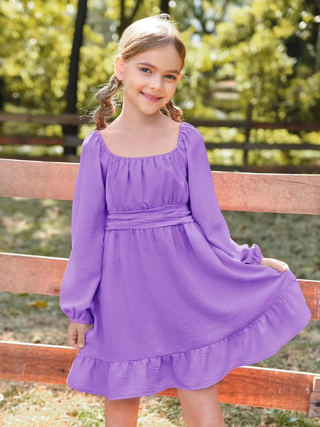 Batermoon Girls Long Sleeve Tie Back Dress Kids Fall Square Neck A-Line Mini Dresses 5-14 Years