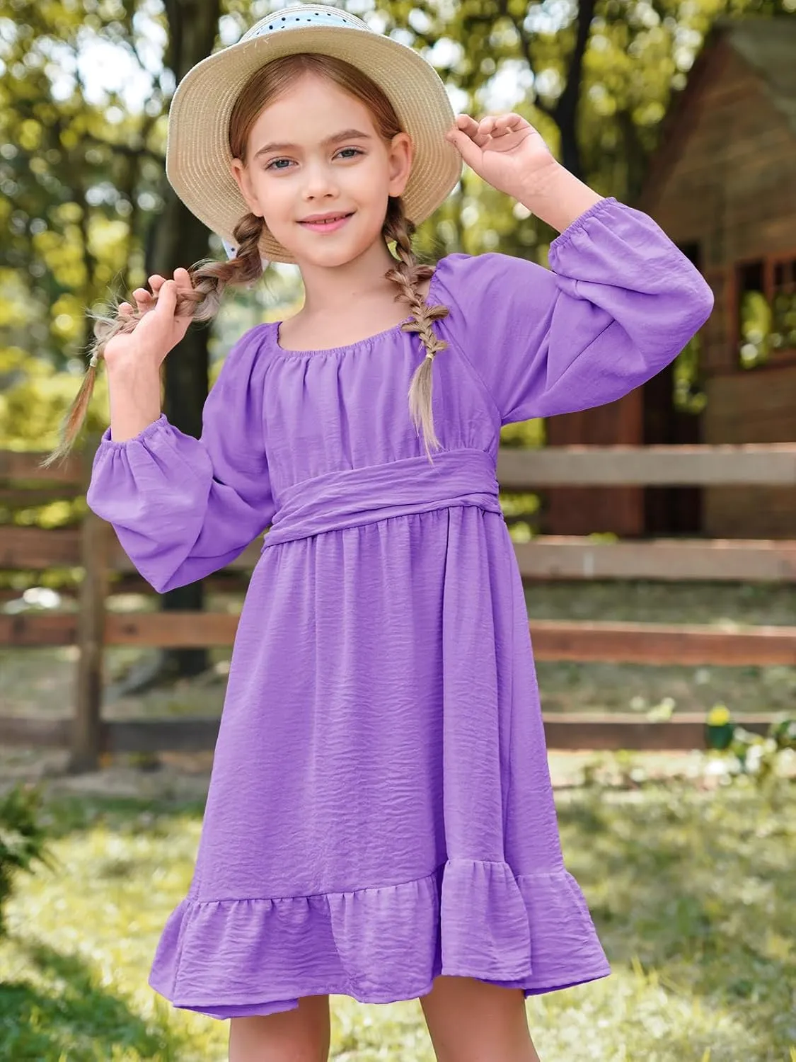 Batermoon Girls Long Sleeve Tie Back Dress Kids Fall Square Neck A-Line Mini Dresses 5-14 Years