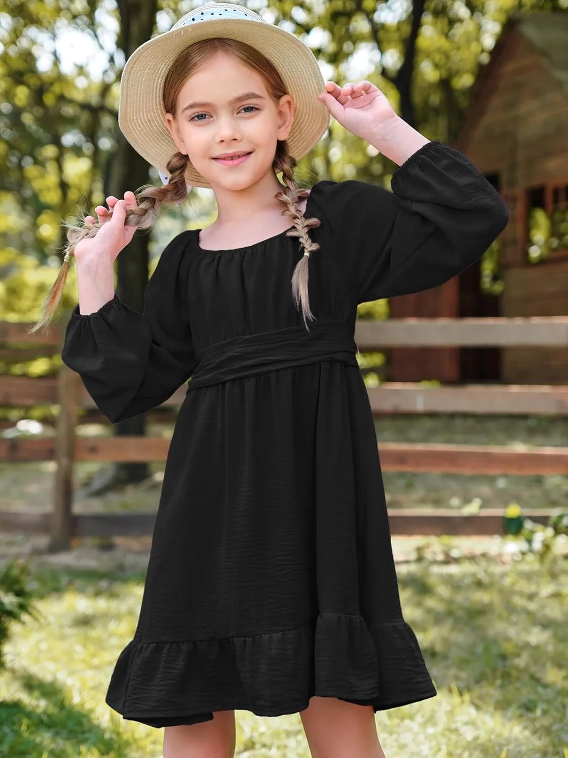 Batermoon Girls Long Sleeve Tie Back Dress Kids Fall Square Neck A-Line Mini Dresses 5-14 Years