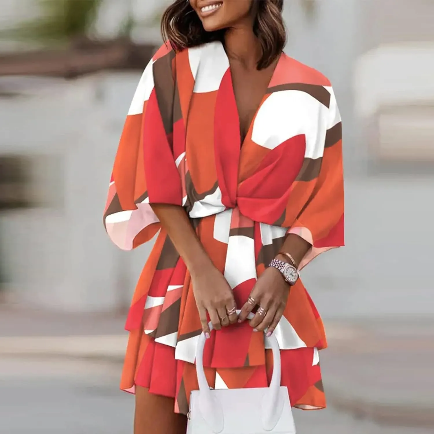 Beach Dresses for Women,2024 Summer Batwing Sleeve Floral Print Boho Dress,Casual V Neck Tiered Ruched Mini Dress