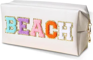 Beach Themed Makeup Bag, White PU Leather Toiletry Pouch with Colorful Letters, 9.84 x 5.12 x 2.76 inches (BEACH)