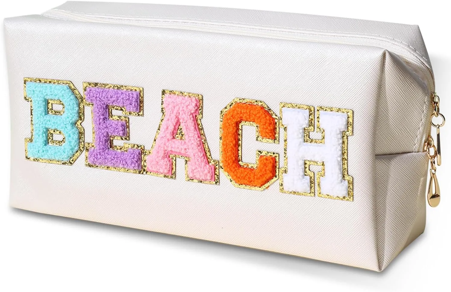 Beach Themed Makeup Bag, White PU Leather Toiletry Pouch with Colorful Letters, 9.84 x 5.12 x 2.76 inches (BEACH)