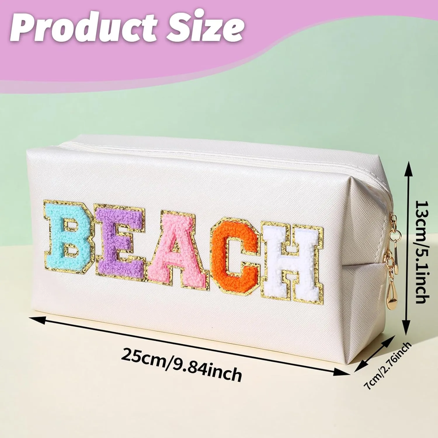 Beach Themed Makeup Bag, White PU Leather Toiletry Pouch with Colorful Letters, 9.84 x 5.12 x 2.76 inches (BEACH)