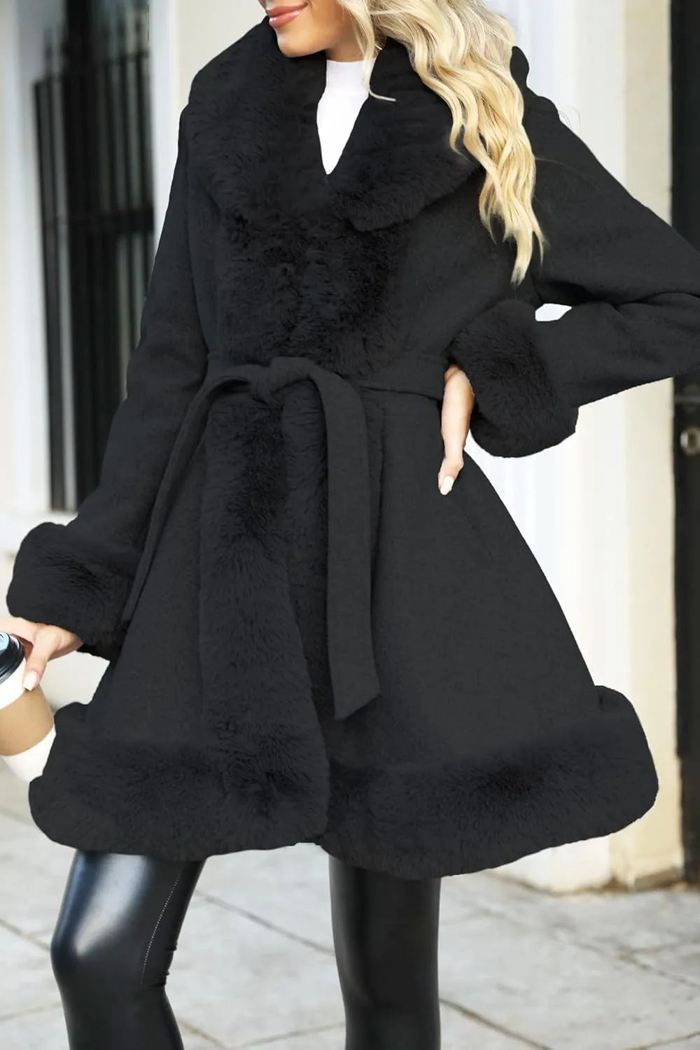 Bellivera Women's Wool Pea Coat Faux Fur Jacket Winter Warm Parka Overcoat with Belt
