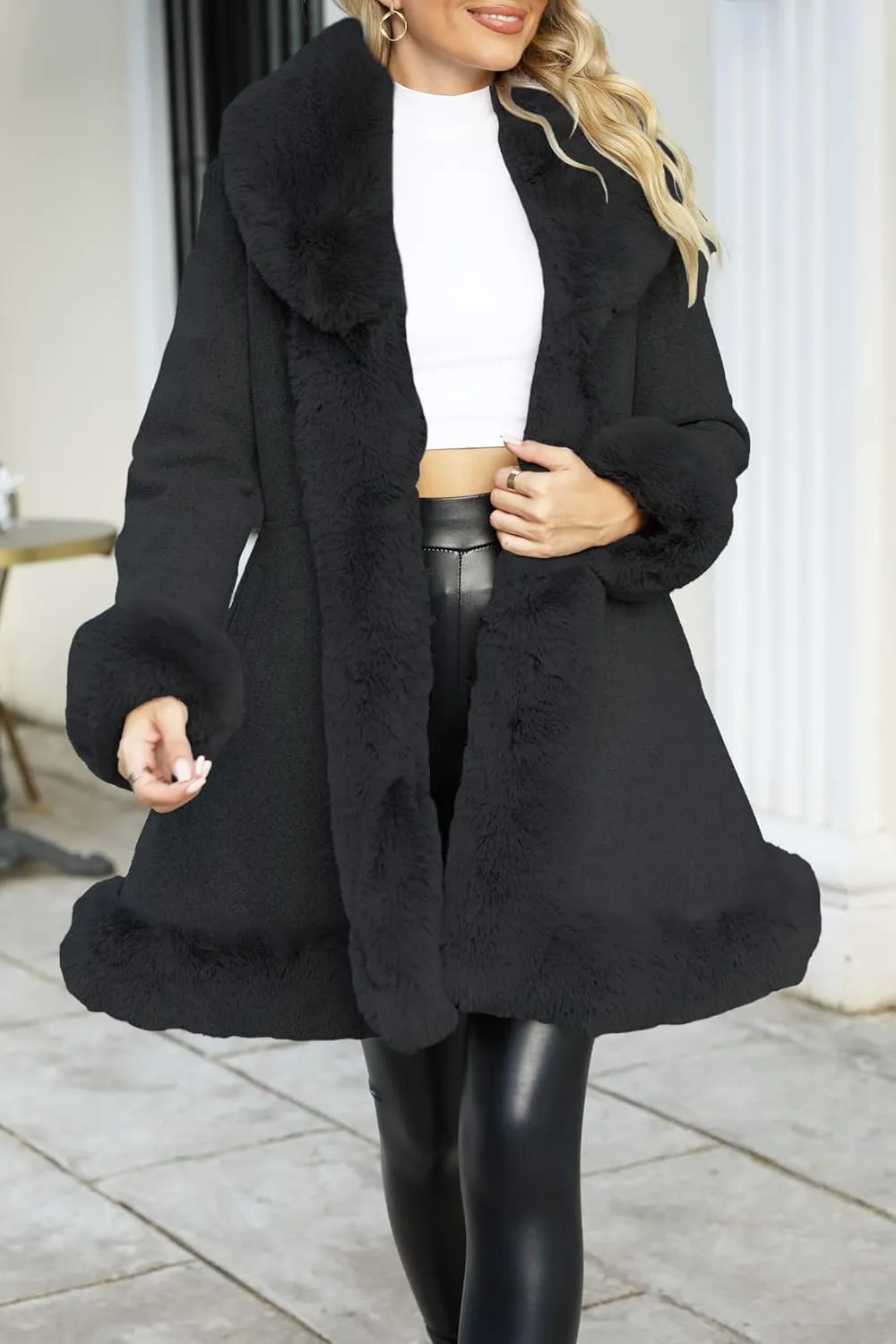 Bellivera Women's Wool Pea Coat Faux Fur Jacket Winter Warm Parka Overcoat with Belt