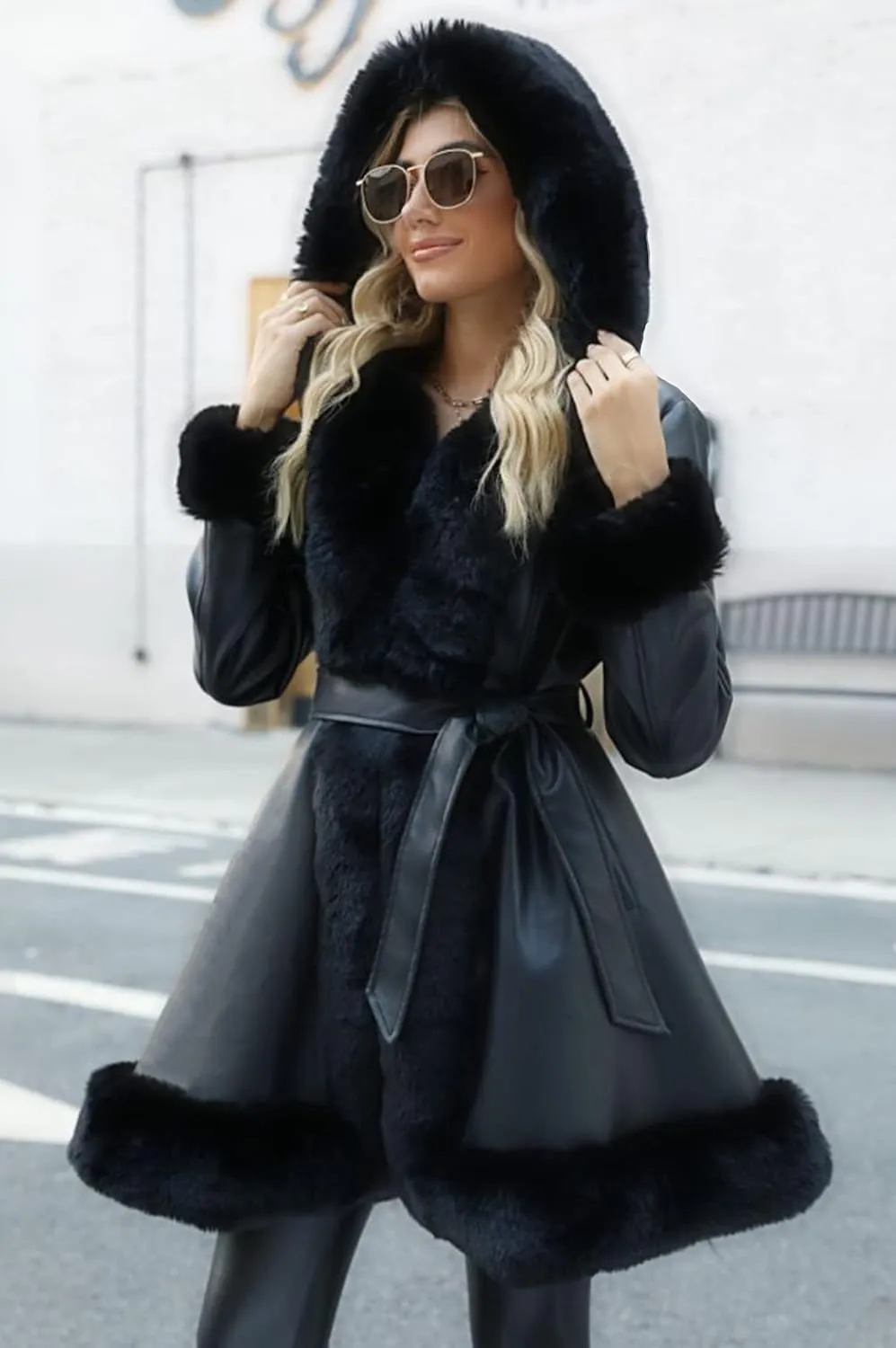 Bellivera Women's Wool Pea Coat Faux Fur Jacket Winter Warm Parka Overcoat with Belt