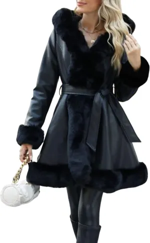 Bellivera Women's Wool Pea Coat Faux Fur Jacket Winter Warm Parka Overcoat with Belt