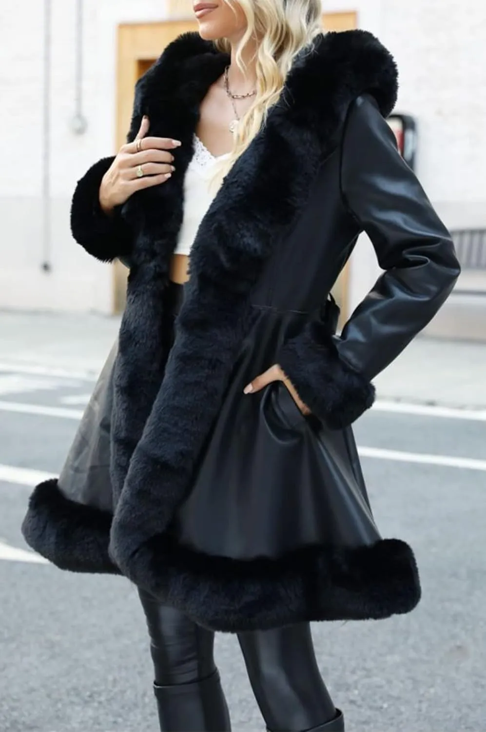 Bellivera Women's Wool Pea Coat Faux Fur Jacket Winter Warm Parka Overcoat with Belt
