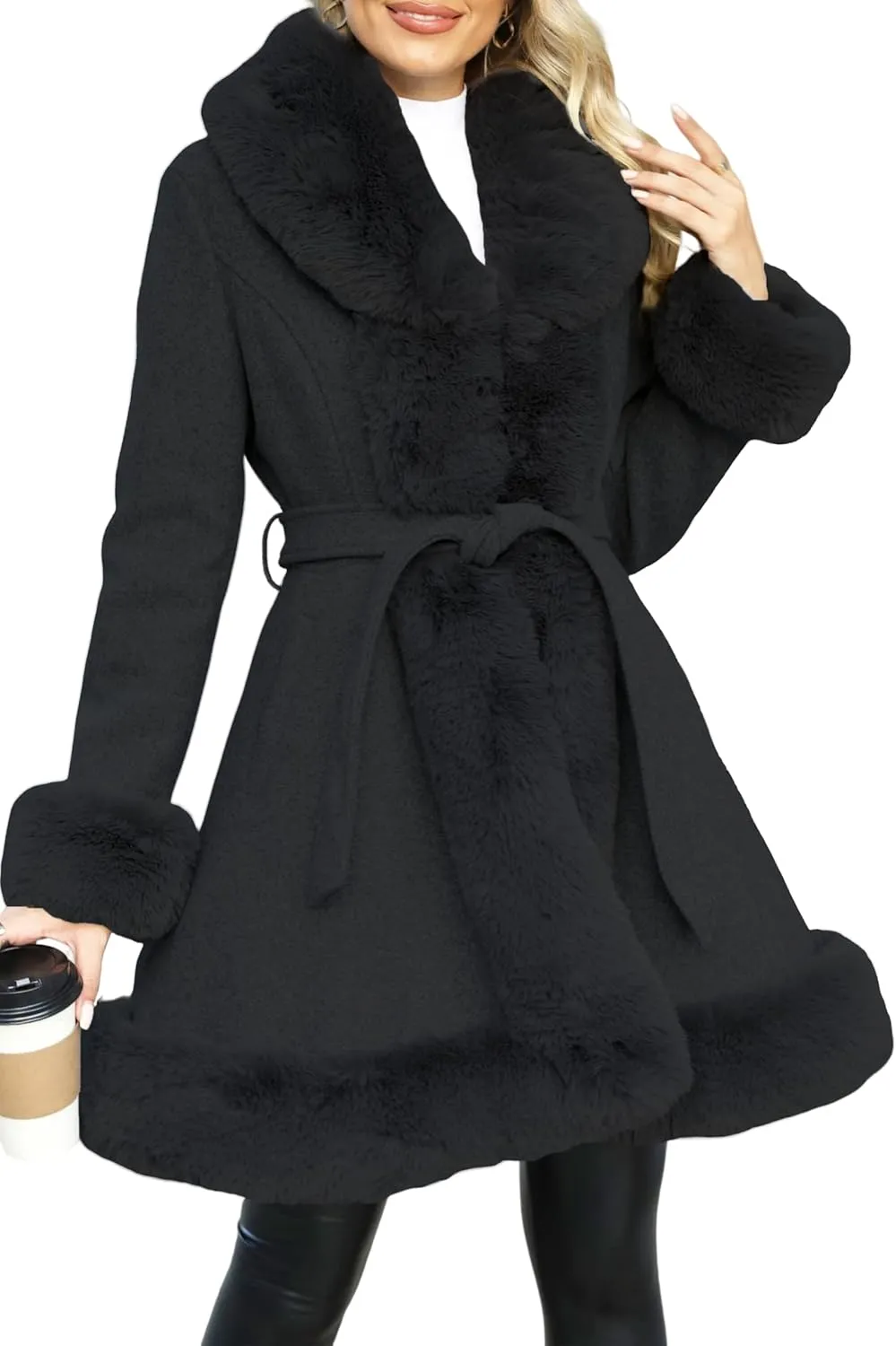 Bellivera Women's Wool Pea Coat Faux Fur Jacket Winter Warm Parka Overcoat with Belt