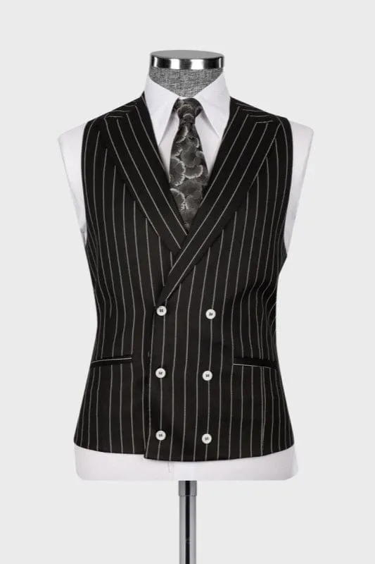 Black Striped Peaked Lapel Three Pieces Business Suits Slim Fit Prom Suits