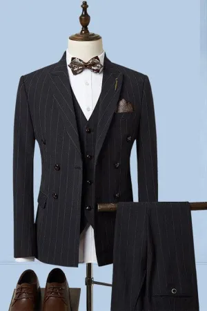 Black Striped Peaked Lapel Three Pieces Single Breasted Business Suits Wedding Suits