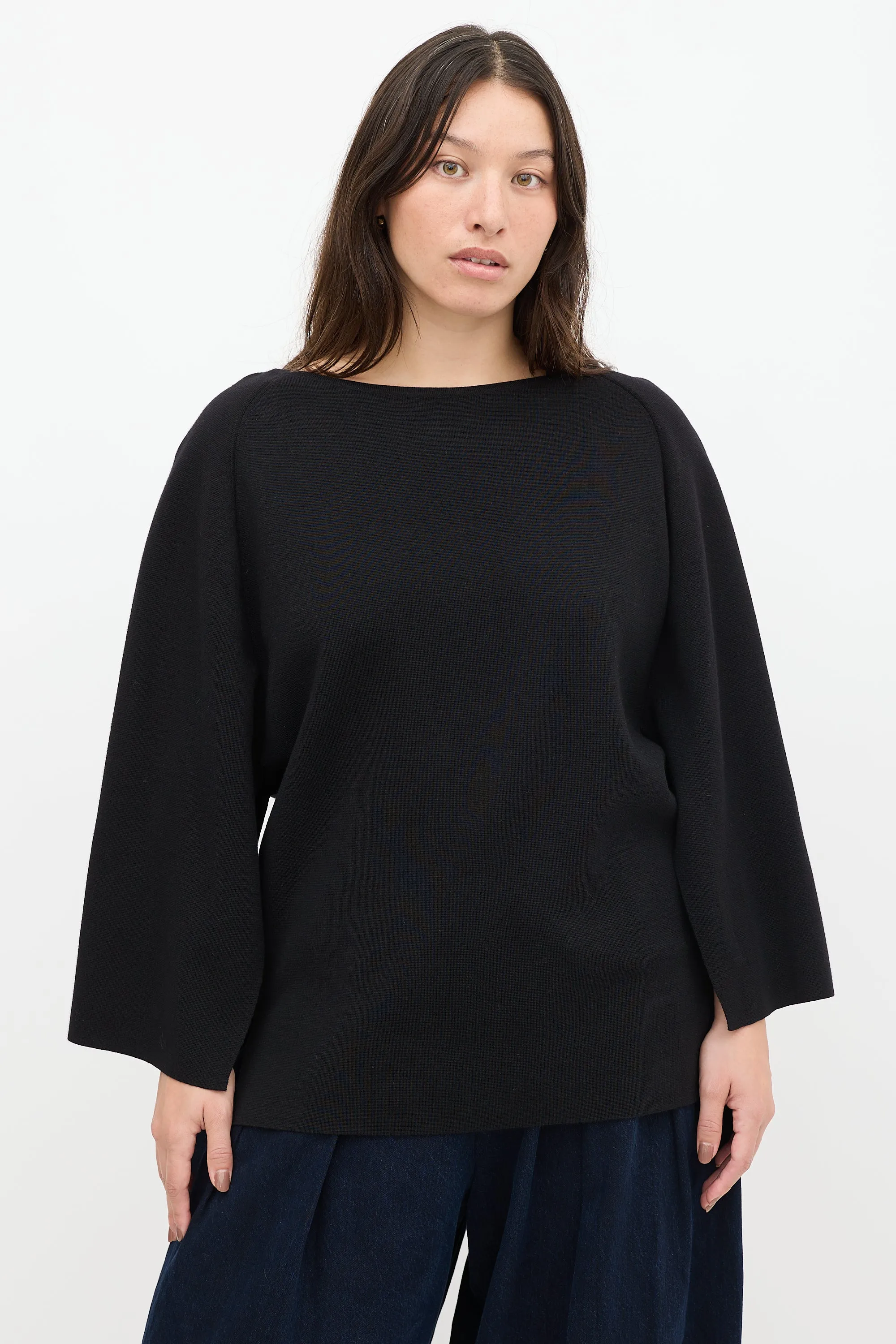 Black Wool Knit Slit Sweater