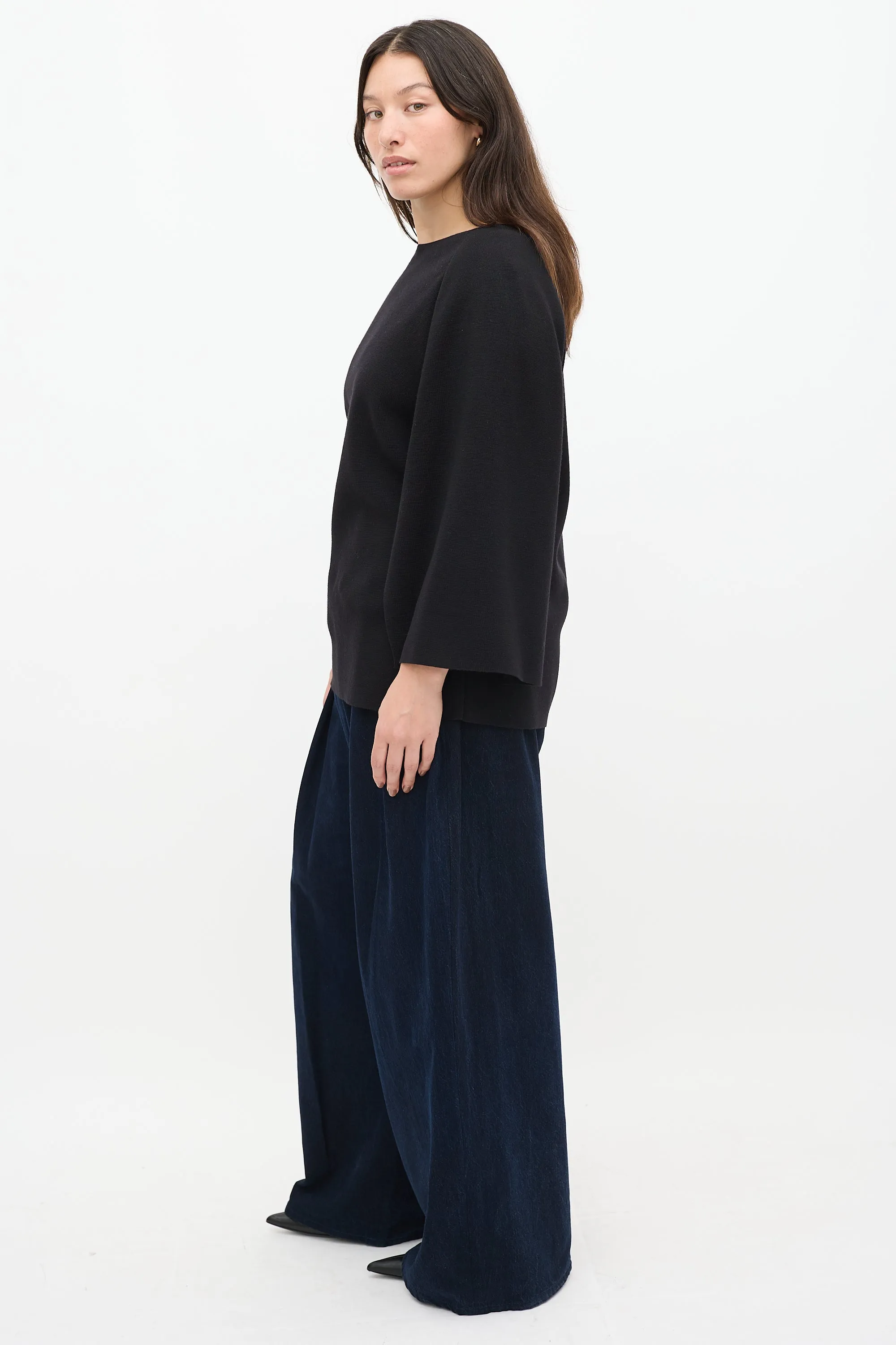 Black Wool Knit Slit Sweater