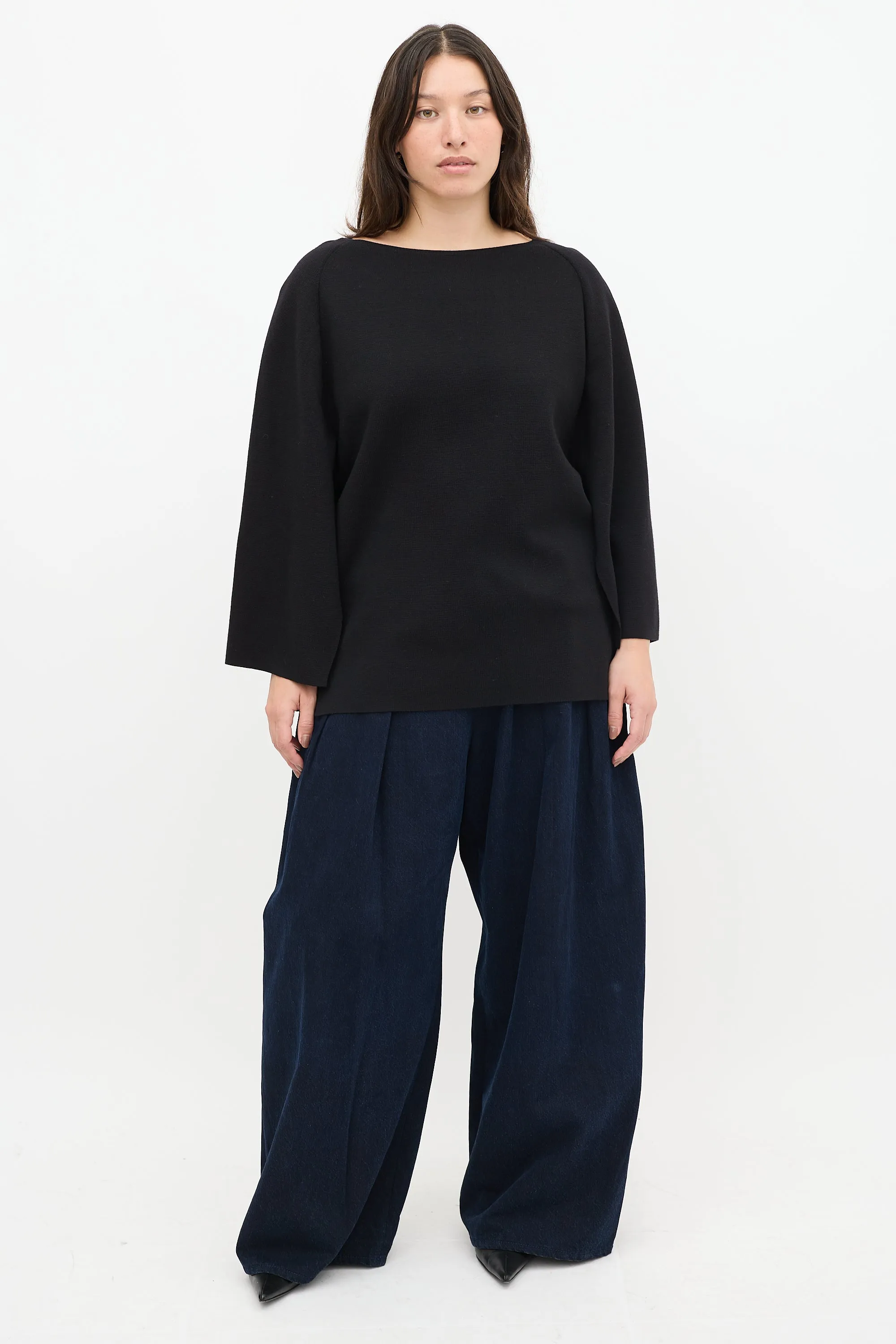 Black Wool Knit Slit Sweater