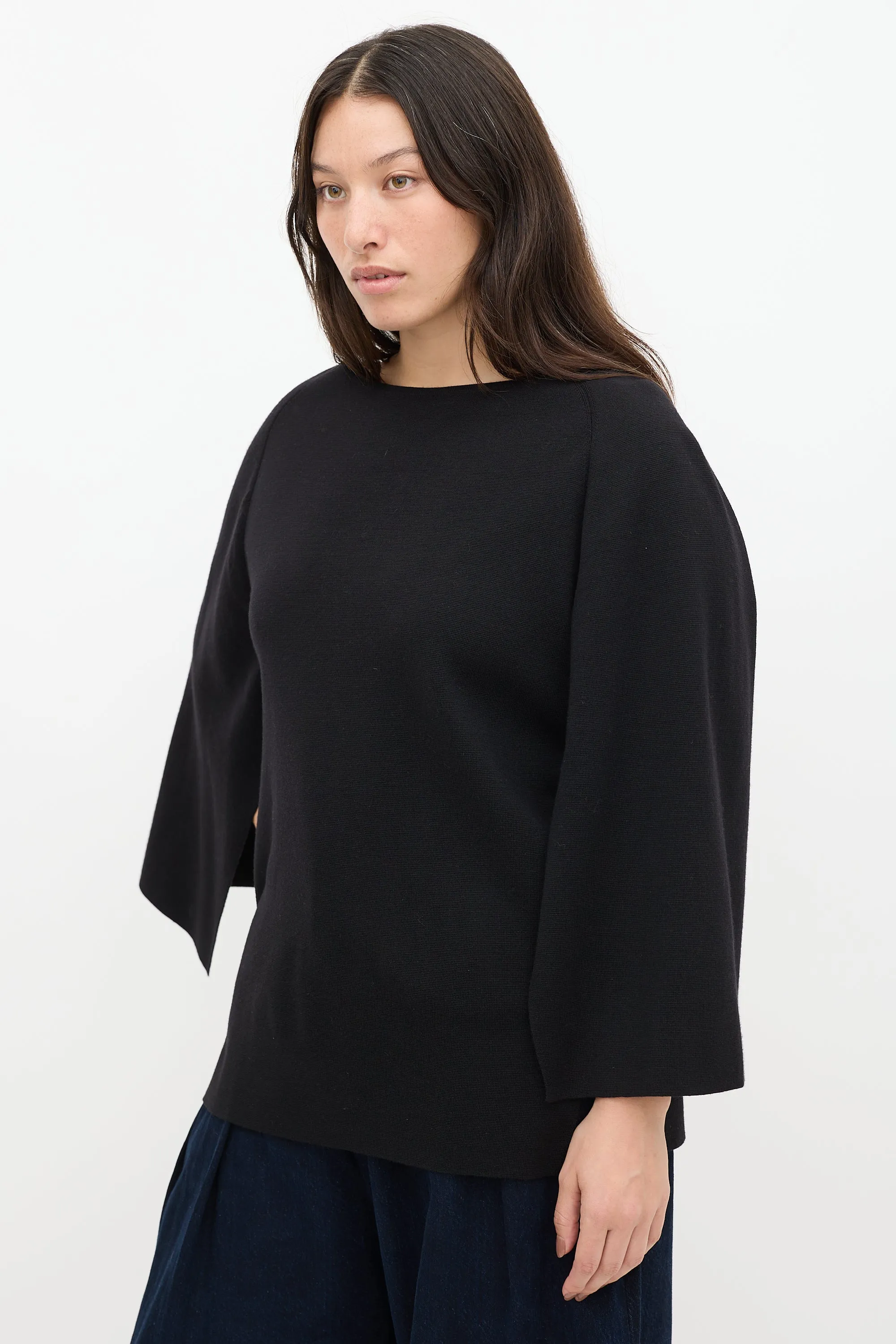 Black Wool Knit Slit Sweater