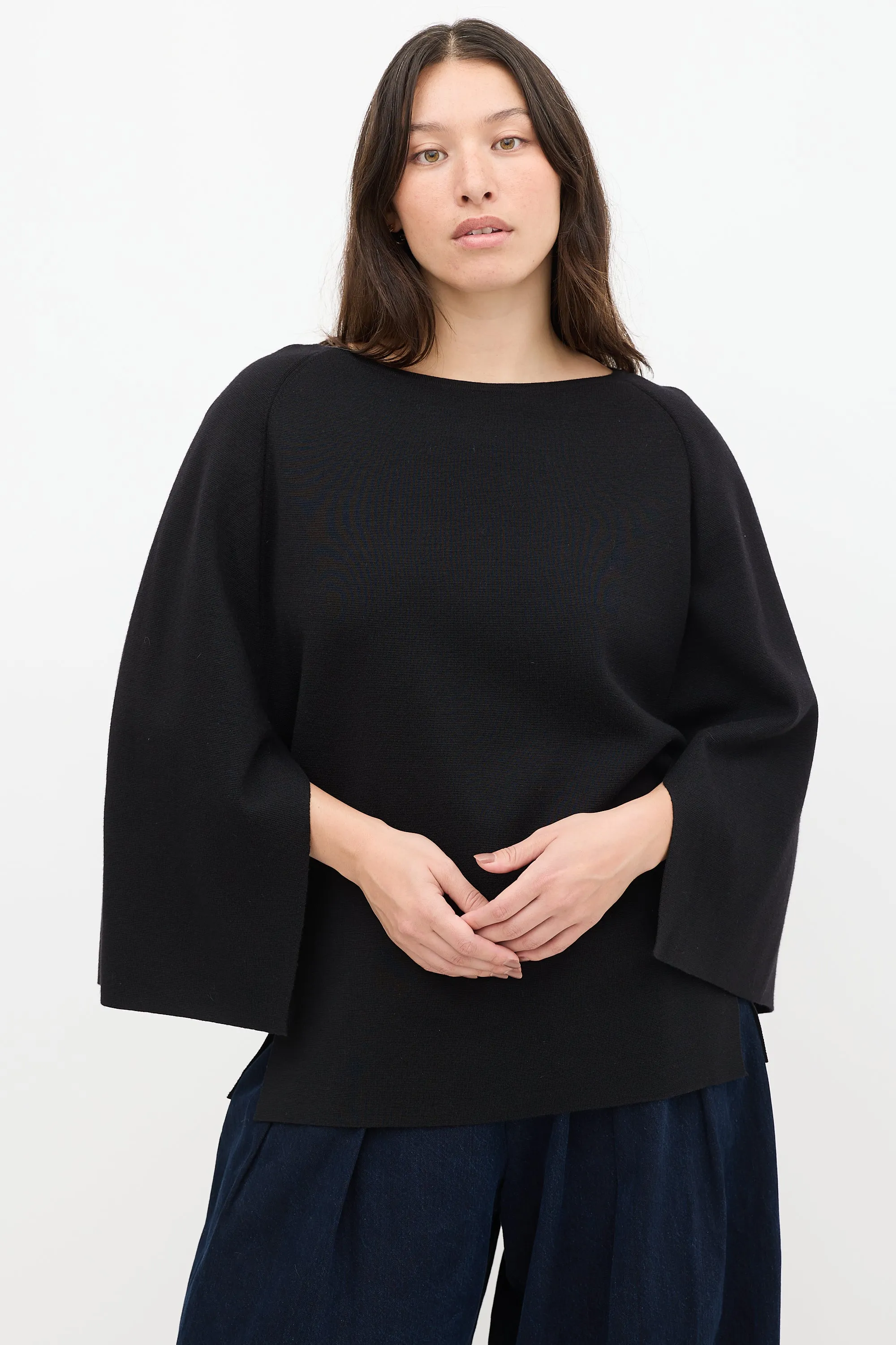 Black Wool Knit Slit Sweater