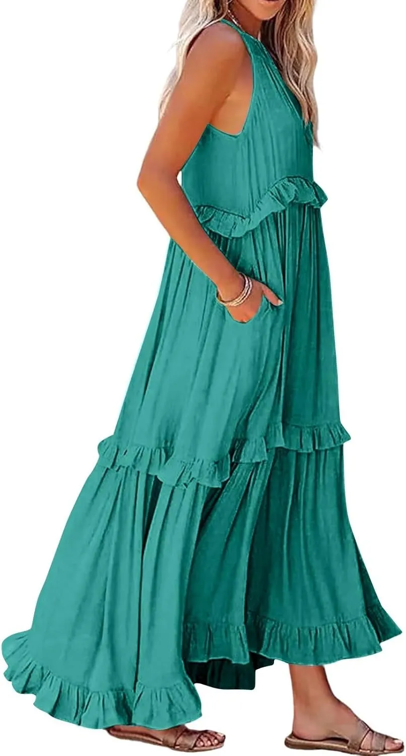 Boho Dresses for Women,2025 Summer Flowy Ruffle Tiered Swing Smocked Beach Sundress,Sleeveless Halter Maxi Dress