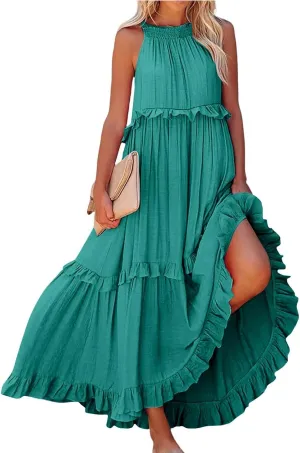 Boho Dresses for Women,2025 Summer Flowy Ruffle Tiered Swing Smocked Beach Sundress,Sleeveless Halter Maxi Dress