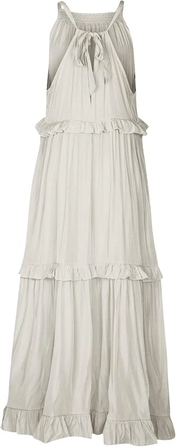 Boho Dresses for Women,2025 Summer Flowy Ruffle Tiered Swing Smocked Beach Sundress,Sleeveless Halter Maxi Dress