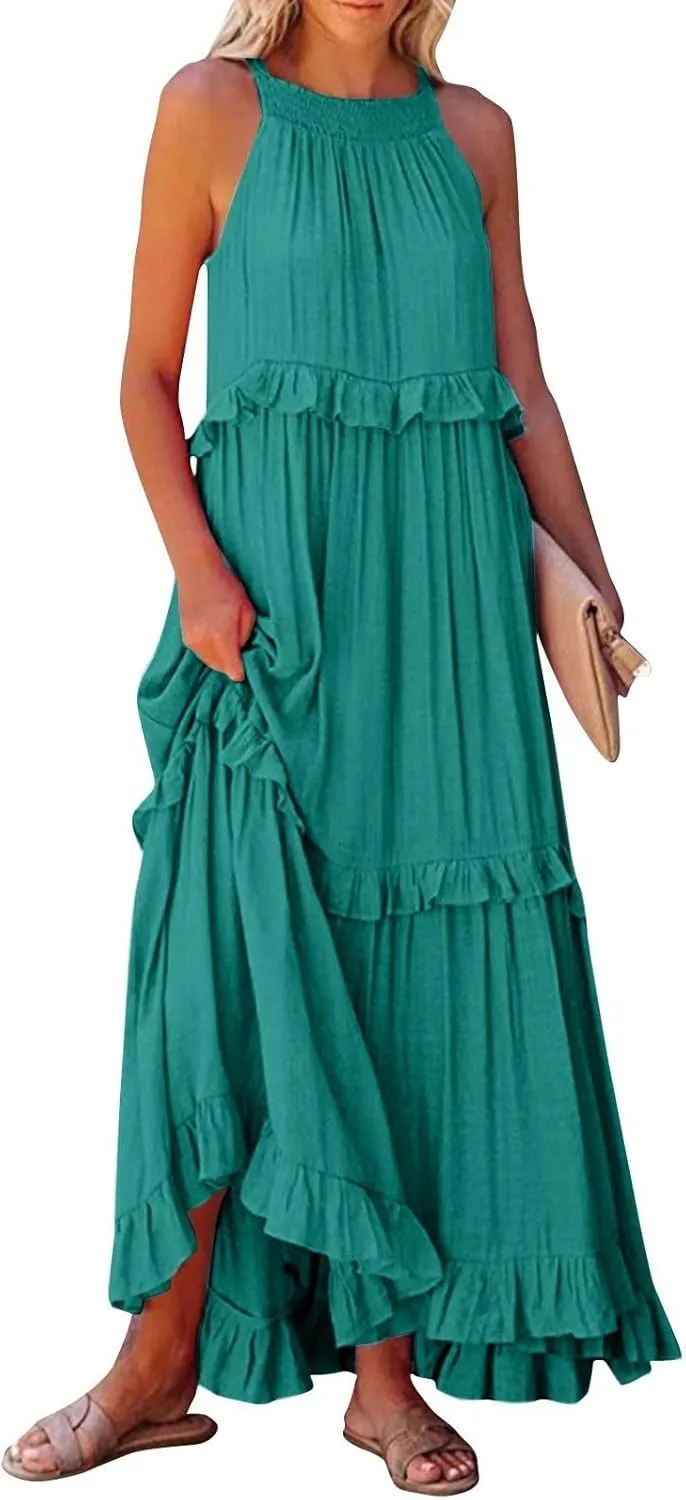 Boho Dresses for Women,2025 Summer Flowy Ruffle Tiered Swing Smocked Beach Sundress,Sleeveless Halter Maxi Dress