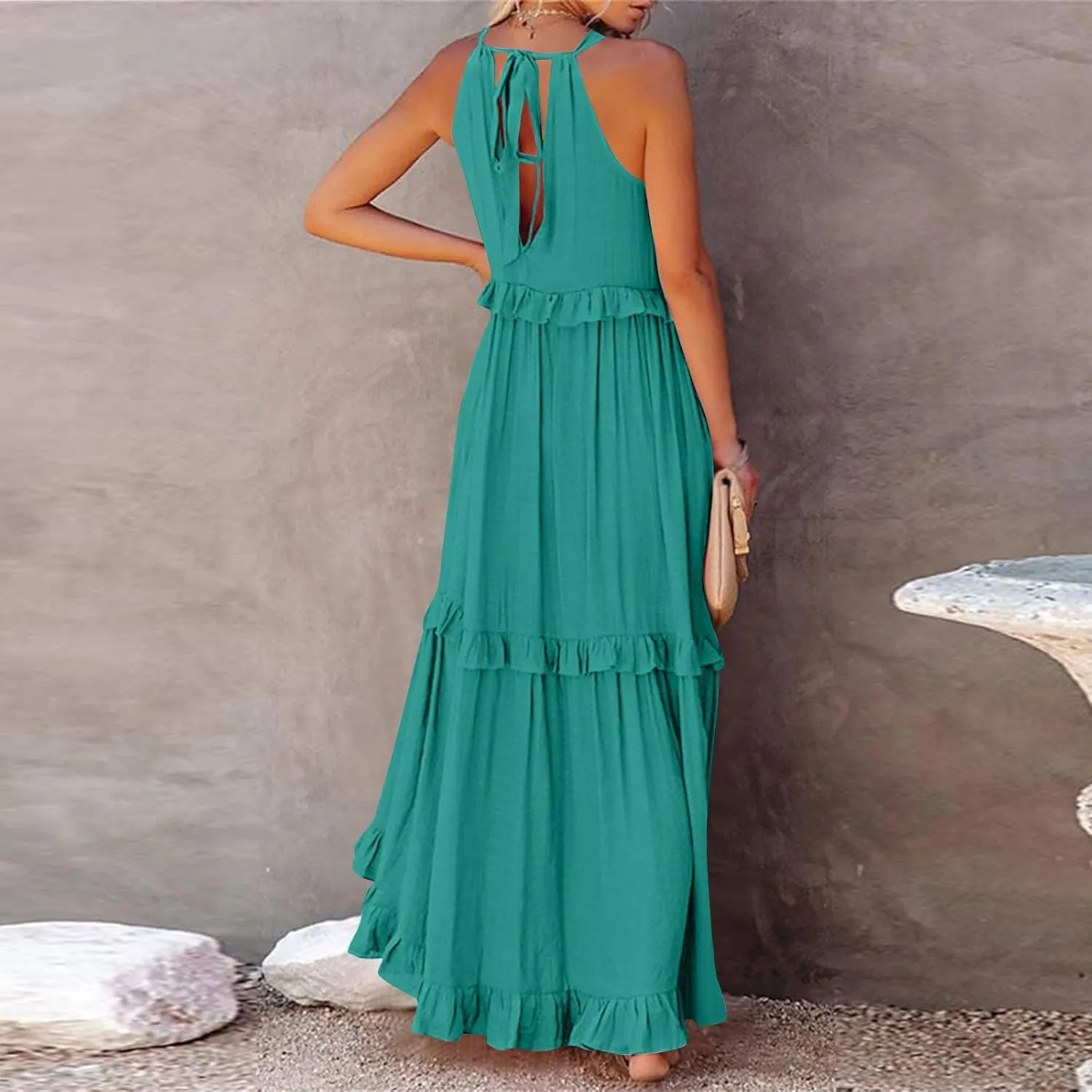 Boho Dresses for Women,2025 Summer Flowy Ruffle Tiered Swing Smocked Beach Sundress,Sleeveless Halter Maxi Dress