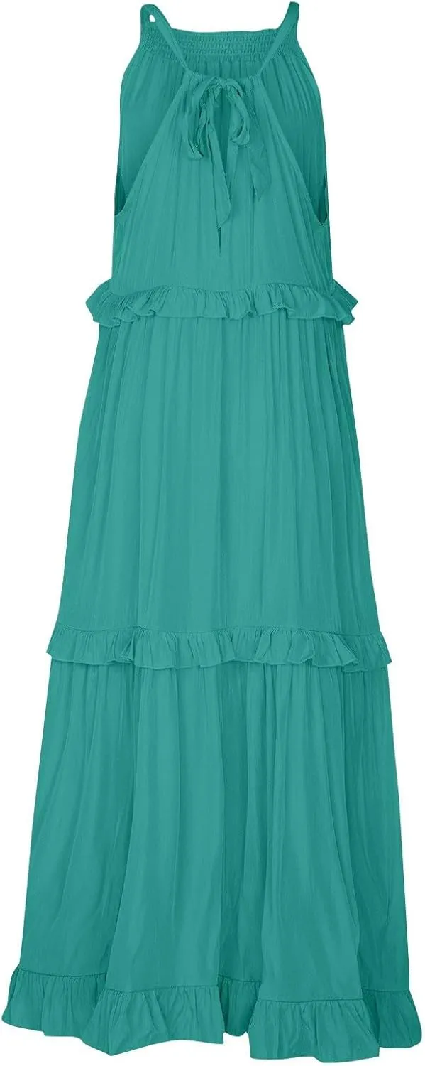 Boho Dresses for Women,2025 Summer Flowy Ruffle Tiered Swing Smocked Beach Sundress,Sleeveless Halter Maxi Dress