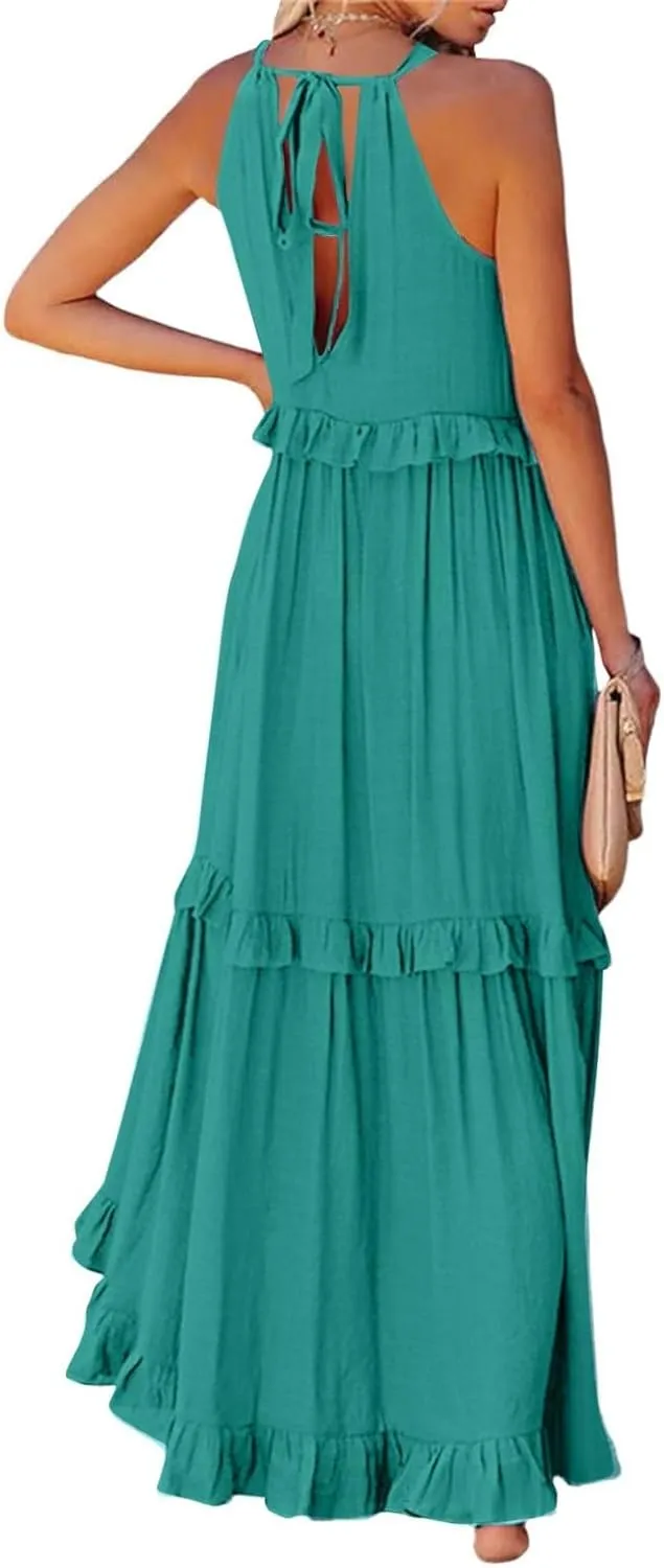 Boho Dresses for Women,2025 Summer Flowy Ruffle Tiered Swing Smocked Beach Sundress,Sleeveless Halter Maxi Dress