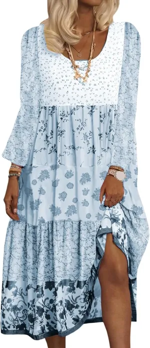 Boho Floral Midi Dress for Women Patchwork Sleeveless Crew Neck Summer Casual Loose Flowy Tiered Dress Plus Size