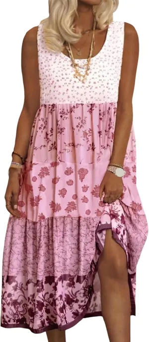 Boho Floral Midi Dress for Women Patchwork Sleeveless Crew Neck Summer Casual Loose Flowy Tiered Dress Plus Size